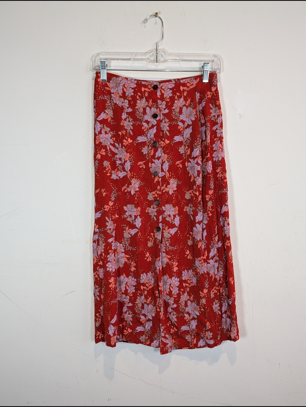 Free People Floral Button-Front Midi Skirt in Red with Lilac Accents - Picture 1 of 5